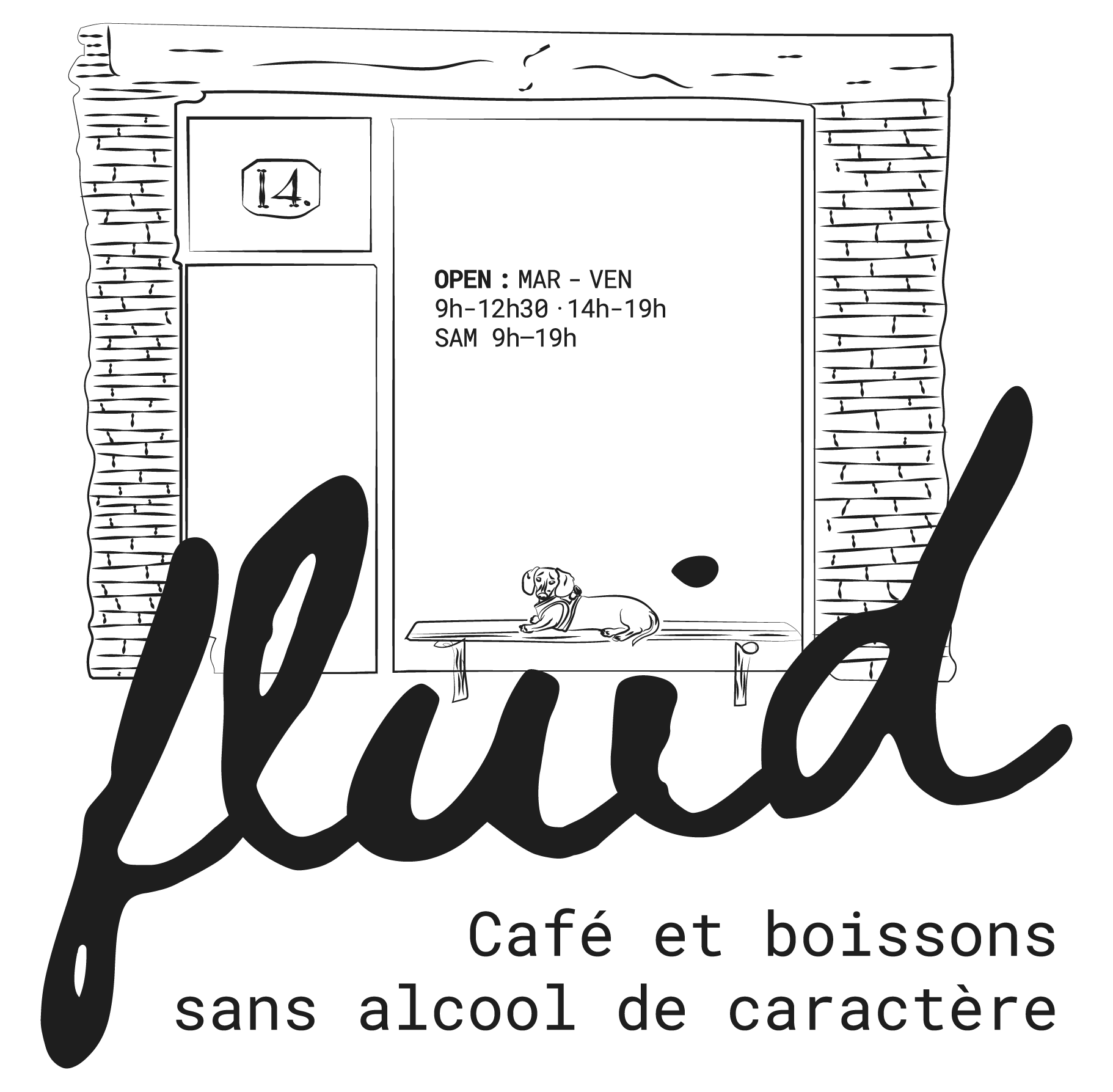 Fluid — illustration de la vitrine, 14 rue Pierre de Fermat, avec Abba la chienne