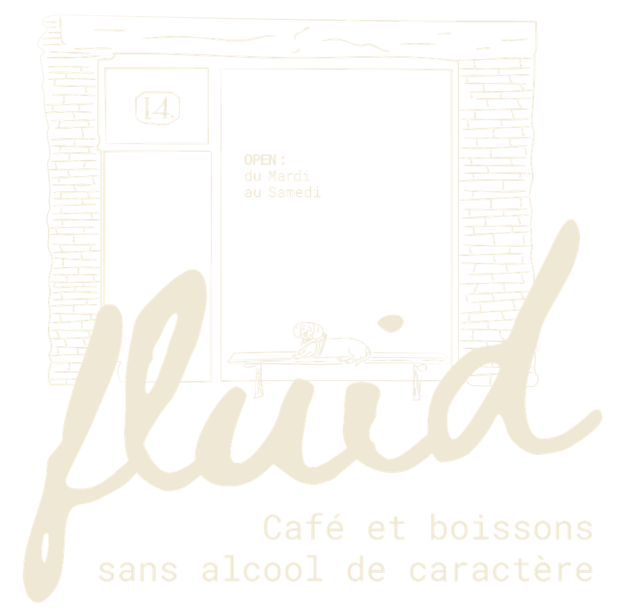 Fluid, café et boissons sans alcool de caractère : illustration de la façade au 14, avec Abba sur le banc