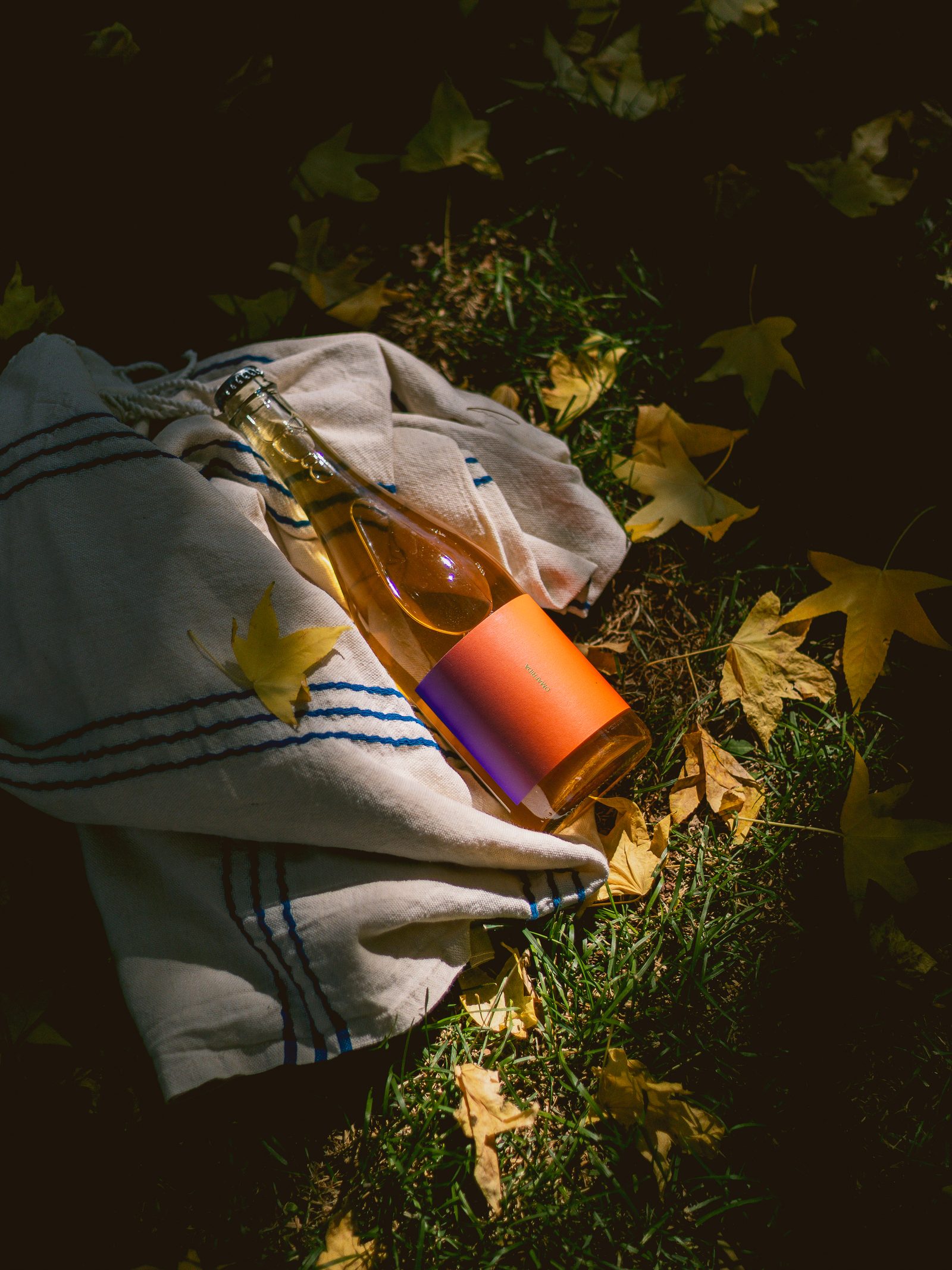 Une bouteille Omafrida posée sur une fouta dans l'herbe, feuilles d'automne